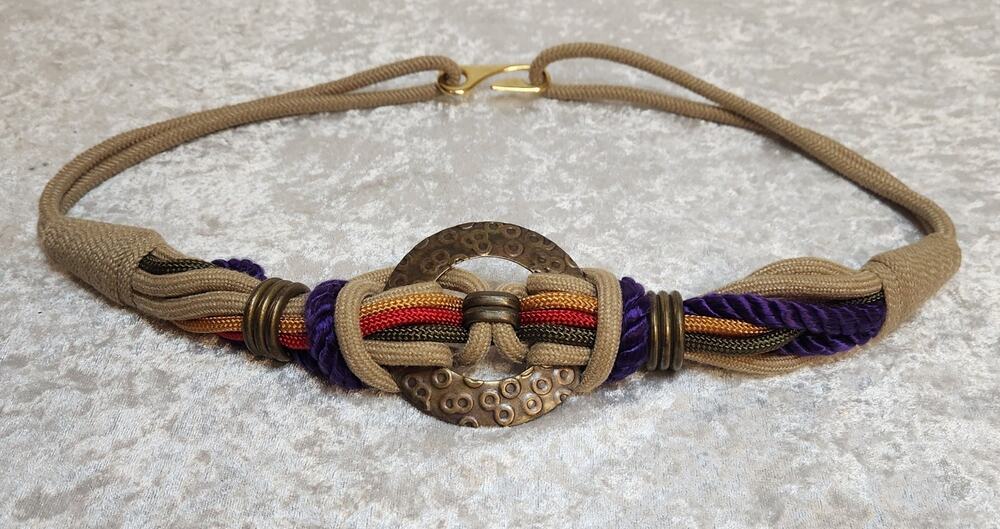 Vintage Colorful Braided Rope Medallion Waist Belt- Size Small